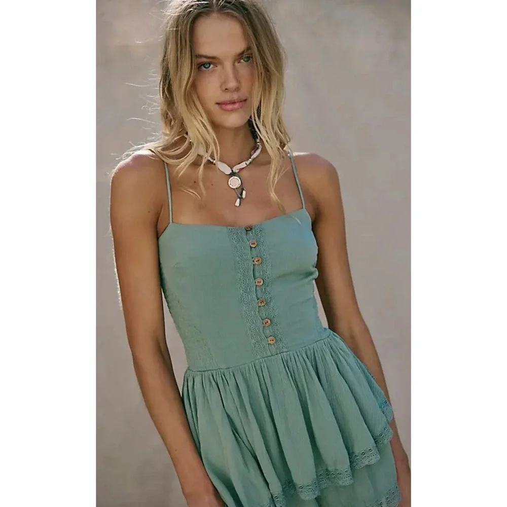 NEW FREE PEOPLE LILY PAD GREEN FREE-EST MARLEY ROMPER SHORTS SIZE M
